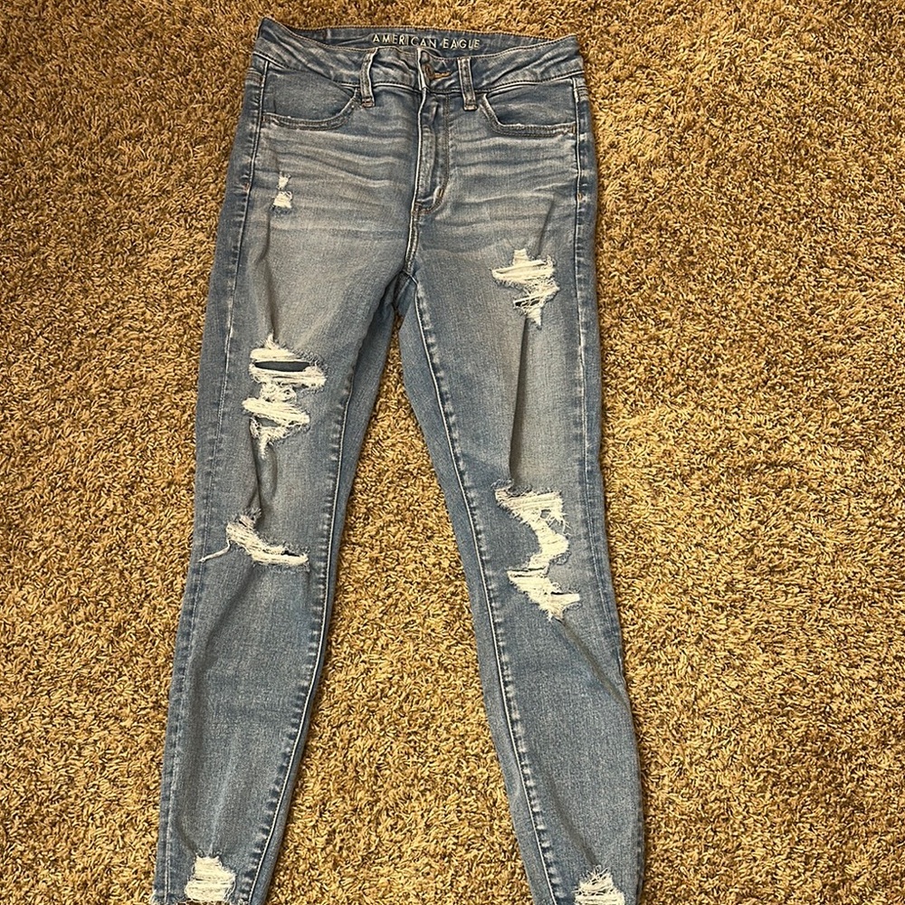 American Eagle Outfitters Blue Skinny Jeans with Distressed Details